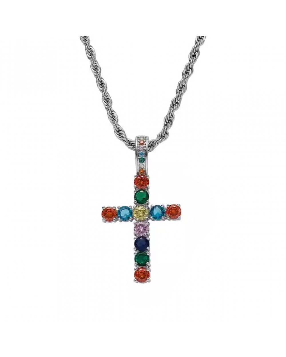 Pandantiv cruce cu diamante 5ACZ colorate